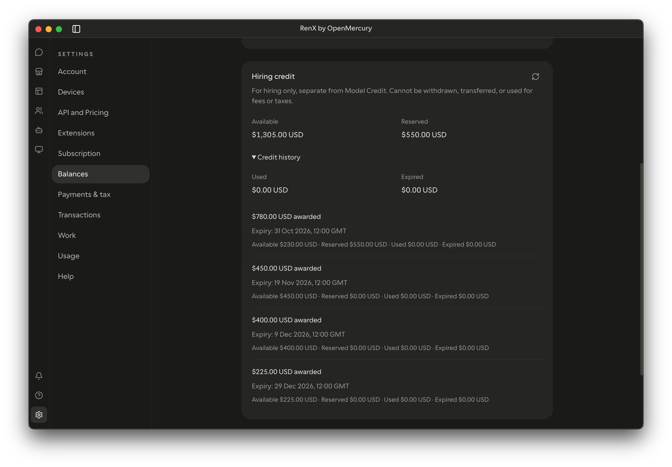 RenX Balances showing available and reserved Hiring Credit, credit history, and award expiry dates.